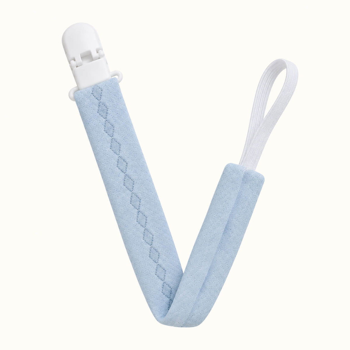 suporte de chupetas ideal para bebé com medidas certas e peso conforme as normas, em algodão azul e bordado