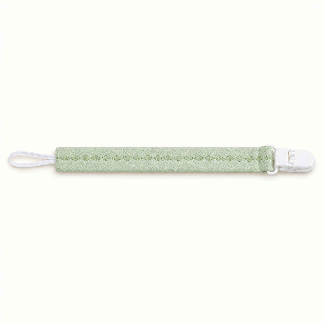 suporte de chupetas ideal para bebé com medidas certas e peso conforme as normas europeias, em algodão verde e bordado