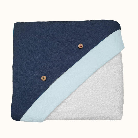 toalha de banho azul denim para bebé com capuz e botões decorativos, enxoval recém-nascido